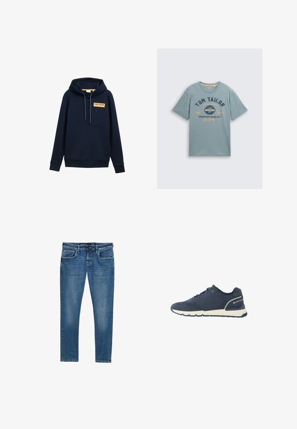 Marineblaue Kapuzenjacke mit einer Fronttasche, Brustpatch mit der Aufschrift "TOM TAILOR", Kapuze mit Kordelzug und elastischen Bündchen. Glatte Stofftextur.; Helle blaue Baumwoll-T-Shirt mit kurzen Ärmeln. Verfügt über einen dunkelblauen und orangefarbenen grafischen Text: "TOM TAILOR" und "PREMIUM QUALITY". Einfacher runder Halsausschnitt.; Blaue Denim-Jeans mit geradem Bein, Fünf-Taschen-Design, dezenten Abnutzungsspuren an den Oberschenkeln und einem Taillenlabel, das die Größe 31/32 angibt.; Marineblauer sportlicher Sneaker mit Mesh-Obermaterial, weißer Sohle, schwarzer Außensohle und "Tom Tailor"-Logo am Fersenbereich.