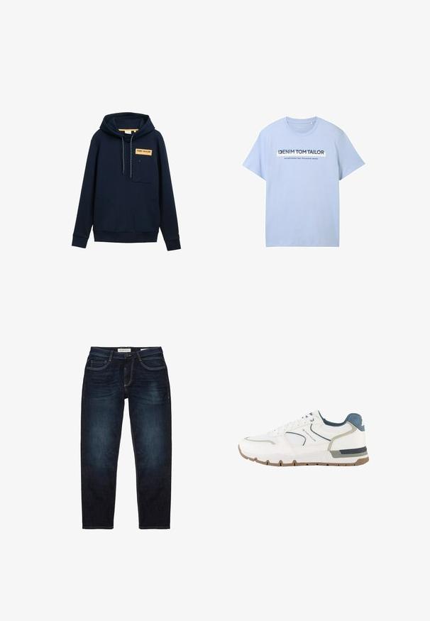 Marineblauwe hoodie met een voorklepzak, borstpatch met het label "TOM TAILOR", capuchon met trekkoord en ribbelmanchetten. Soepele stoftextuur.; Lichtblauwe katoenen t-shirt met korte mouwen en een ronde hals. De afbeelding op de voorkant bevat "DENIM TOM TAILOR" en "opgericht in tweeduizend zeven."; Donkerblauwe spijkerbroek met een standaard pasvorm, voorzien van een ritssluiting, vijf zakken en contrasterende gele stiksels. Over het algemeen een gladde textuur.; Witte en grijze sportschoen met blauwe accenten, meshstof en een bruine zool, met het merk "Tom Tailor" aan de zijkant.