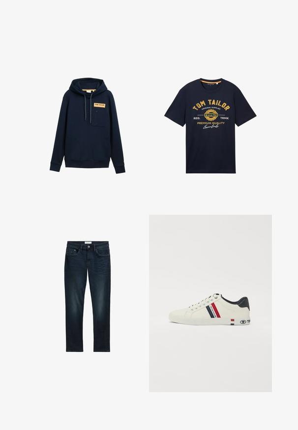 Marineblaue Kapuzenjacke mit einer Fronttasche, Brustpatch mit der Aufschrift "TOM TAILOR", Kapuze mit Kordelzug und elastischen Bündchen. Glatte Stofftextur.; Navyblaues Baumwoll-T-Shirt mit rundem Ausschnitt, kurzen Ärmeln und gelbem Text, der Marke und Slogan auf der Vorderseite hervorhebt.; Dunkelblaue Denim-Jeans mit slim Fit, ausgestattet mit fünf Taschen, einem Knopfverschluss und subtilen Ausbleichungen auf der Vorderseite für eine strukturierte Optik.; Weißes Segeltuch-Sneaker mit navyblauen Akzenten und roten vertikalen Streifen. Verfügt über eine Gummisohle und ein Logo an der Seite, strukturierte Schuhoberfläche und runde Schnürsenkel.
