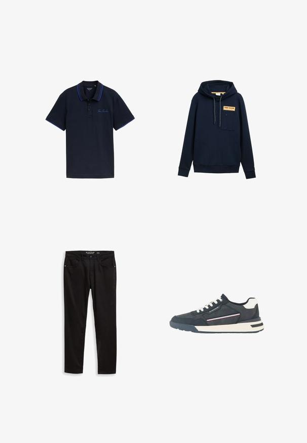Marineblaue Kapuzenjacke mit einer Fronttasche, Brustpatch mit der Aufschrift "TOM TAILOR", Kapuze mit Kordelzug und elastischen Bündchen. Glatte Stofftextur.; Marineblaues Poloshirt mit einer Zwei-Knopf-Leiste, kontrastierenden blauen Kragen- und Ärmeldetails sowie gesticktem "Tom Tailor"-Logo auf der Brust.; Schwarze Denim-Hosen mit regulärer Passform, ausgestattet mit fünf Taschen, einem Knopfverschluss und feinen Steppnähten. Glatte Textur.; Herren Sneaker in Marineblau und Weiß mit weißen Schnürsenkeln, perforierter Zehenkappe, gestreiftem Seitendetail und gebrandetem Akzent auf dem Seitenpanel.
