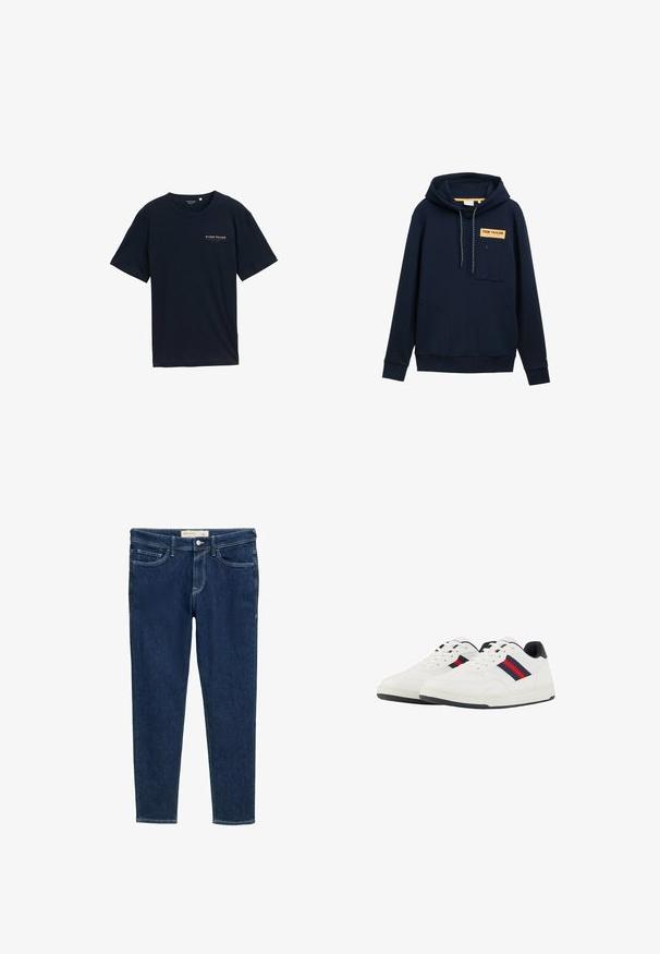 Marineblauwe hoodie met een voorklepzak, borstpatch met het label "TOM TAILOR", capuchon met trekkoord en ribbelmanchetten. Soepele stoftextuur.; Navyblauwe katoenen T-shirt met een ronde halslijn en korte mouwen. Kenmerkt zich door een klein rood tekstlogo op de borst. Regular fit, soepele textuur.; Donkerblauwe denim jeans met een slanke pasvorm, een ontwerp met vijf zakken en contrasterende witte stiksels. Knopenluiting bij de taille en minimale details.; TOM TAILOR Sneakers laag - white navy