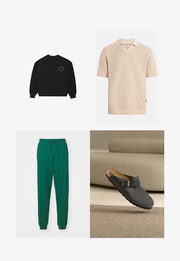 Sort langærmet crewneck sweater med et lille cirkulært kædemønster logo på den øverste venstre bryst.; Beige kortærmet strikket polo med tekstureret vaffelmønster, ribstrikkede ærmekanter og kant, samt en lille krave med V-udskæring.; Grønne bomuldsjoggers med snøre i taljen, elastiske manchetter og sidelommer. Stoffet ser blødt ud med en glat overflade.; Enkelt mørkegråt slip-on sko med justerbar spænde og kork-fodbed, der svæver over et struktureret beige tæppe i et neutralt tonet rum.