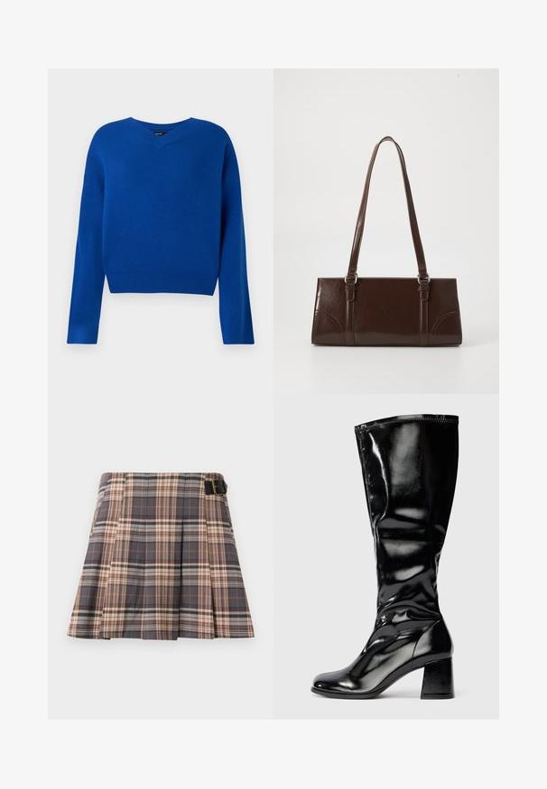 V-hals, lange mouwen trui in helderblauw, gemaakt van zachte brei-stof. Bevat een geribbelde onderrand en manchetten, met een relaxte pasvorm en minimale naden.; Geruite rok in grijs, beige en roestkleur; heeft plooien, een gespdetail en een gestructureerd ontwerp. Gemaakt van een geweven stof.; Glanzende zwarte laars tot de knie met blokhak en ronde teen, gladde glanzende afwerking, lichte textuurdetails op de hak en bovenkant.; Bruine lakleren handtas met een rechthoekige vorm, twee lange handvatten en subtiele gebogen accenten aan de voorkant.