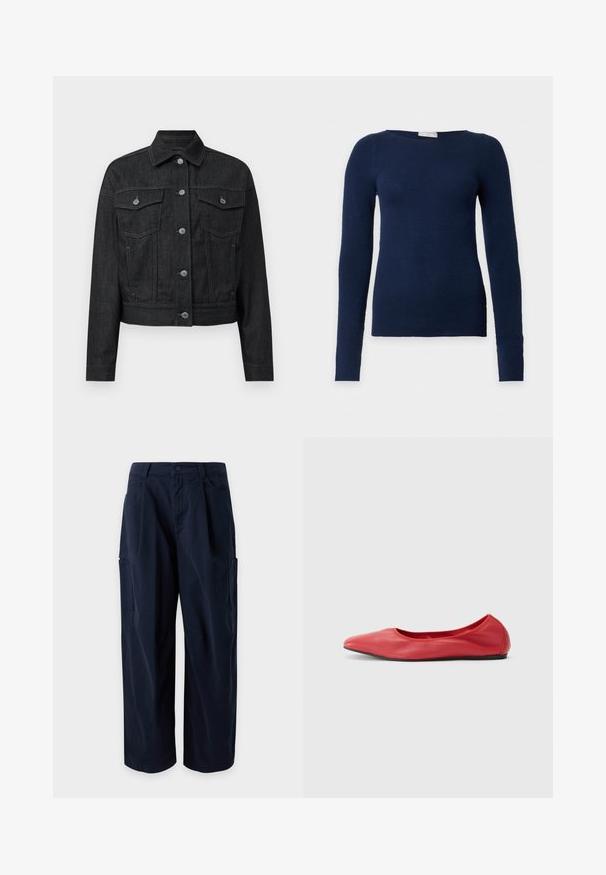 Pull ajusté bleu marine à manches longues avec encolure ronde et texture en maille fine, présenté sur fond blanc uni.; Veste en denim noir avec un col classique, fermeture à boutons sur le devant, deux poches poitrine et un ourlet arrondi. Elle présente des coutures contrastantes.; Pantalon cargo bleu marine à jambes larges, passants de ceinture, fermeture à l'avant, poches latérales et deux grandes poches sur les cuisses, exposé sur un fond uni.; Filippa K REY FLATS - Ballerines - bright red