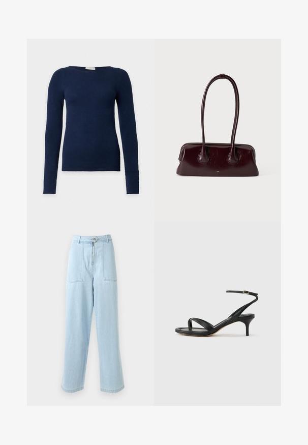 Pull ajusté bleu marine à manches longues avec encolure ronde et texture en maille fine, présenté sur fond blanc uni.; Jean large bleu clair à taille haute, comportant deux poches avant, une fermeture éclair et un bouton. Fabriqué en tissu en denim.; Sandale pour femme en cuir noir avec fines lanières, une boucle d'orteil, une boucle à la cheville et un talon aiguille de hauteur moyenne sur un fond neutre.; Sac à main en cuir brun foncé brillant avec de longues anses fines et une base rectangulaire structurée sur un fond clair uni.