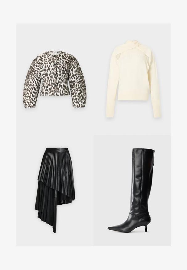 Cream-colored knitted long-sleeve top with cut-out shoulder design and a wrap-around collar detail, displayed on a neutral background.; Leopard print cropped jacket with large puff sleeves, brown and cream colors, featuring five dark buttons down the front and a round neckline.; Black asymmetrical pleated skirt with layered panels and a smooth waistband, made from shiny leather-like material.; Black leather knee-high boot with a pointed toe and slim curved heel. Smooth texture, fitted design, and no visible hardware or patterns.