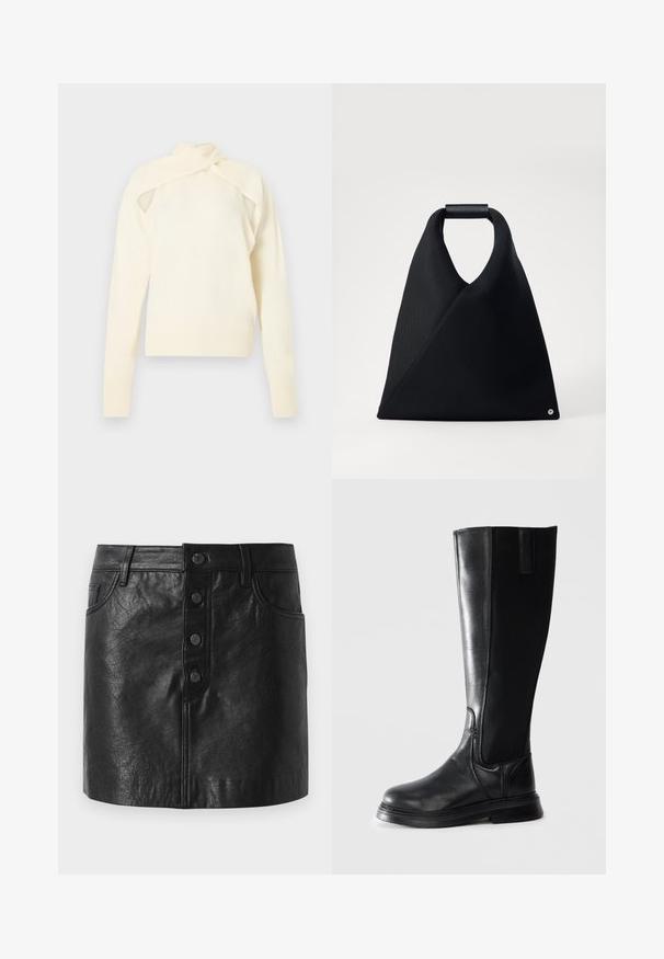 Haut à manches longues en tricot couleur crème avec design à épaules découpées et détail de col enroulé, présenté sur un fond neutre.; Jupe en cuir noir avec une taille haute, fermeture à bouton sur le devant, deux poches latérales et une forme légèrement évasée. Fini texturé.; Botte en cuir noire, montant jusqu'au genou, avec panneau latéral élastique et petit talon, vue de l'extérieur sur fond blanc.; Sac fourre-tout noir en forme triangulaire, en tissu texturé, avec une poignée arrondie et un petit détail décoratif en bas.