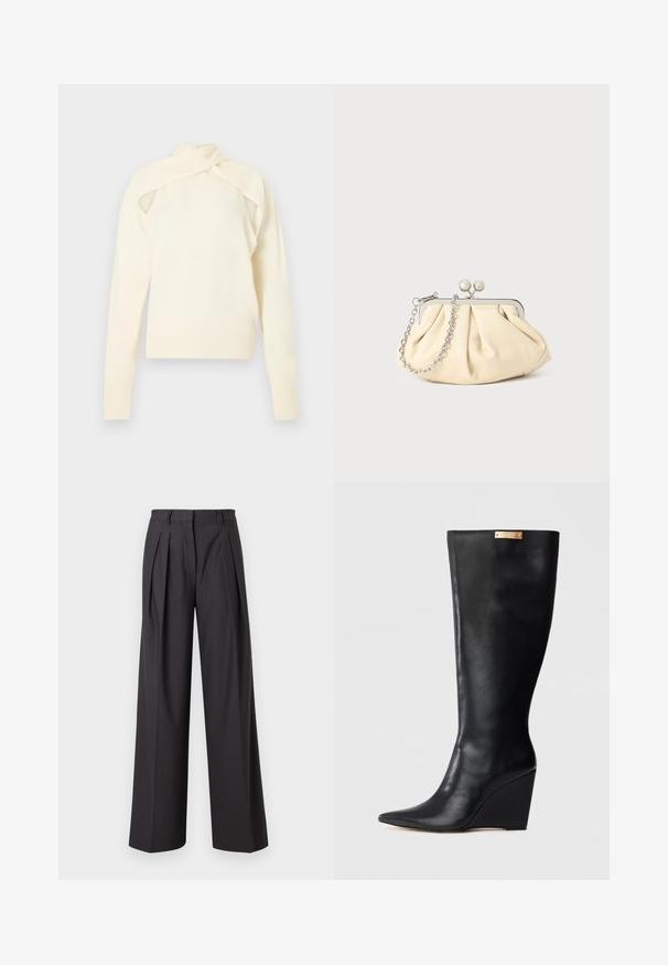Top de punto de manga larga color crema con diseño de hombros descubiertos y detalle de collar envolvente, presentado sobre un fondo neutro.; Pantalones de pierna ancha en tejido gris oscuro, con pliegues frontales, una textura suave, una cintura de tiro medio y presillas para cinturón.; Bota de cuero negra de altura hasta la rodilla con punta afilada, tacón tipo cuña y una chapa de acento dorado en la parte superior. Textura suave y diseño elegante.; Clutch de cuero beige plisado con un marco de metal plateado, que cuenta con dos broches decorativos redondos y una correa de cadena plateada.