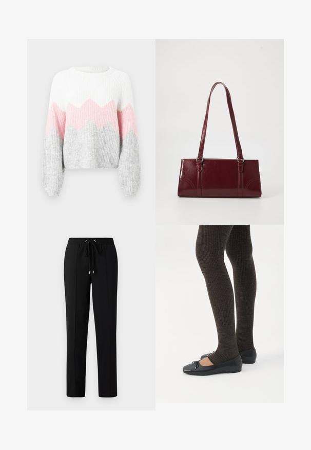 Pull en crochet avec un motif en zigzag blanc, rose et gris. Présente des manches longues, une texture côtelée et un col rond. Matériau en tricot doux.; Pantalons noirs avec une taille élastique, un cordon de serrage et des accents en métal doré. Le tissu a une texture lisse avec un design à jambes droites.; Jambes portant des leggings côtelés foncés associés à des ballerines noires avec de petits détails en nœud sur fond blanc.; Sac à main bordeaux en matériau brillant, de forme rectangulaire, avec deux anses et des accents légèrement courbés à l'avant.