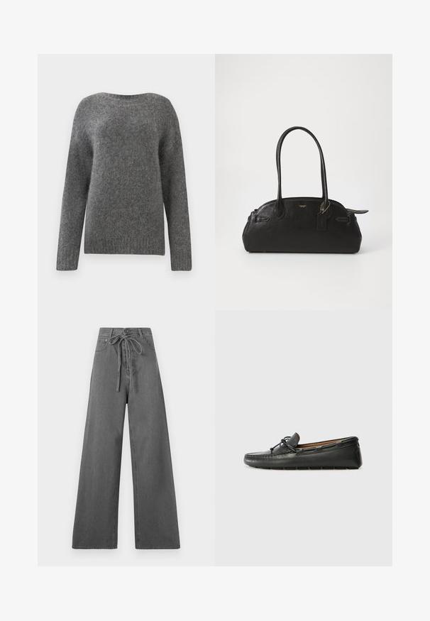 Grijze, lange mouw trui van zachte stof. Heeft een ronde halslijn en een licht gestructureerd oppervlak, met een egale kleur overal.; Grijze wijde broek met een trekkoord in de taille, weergegeven tegen een effen witte achtergrond.; Zwarte leren bootshoe met een ronde neus, gestikte details, een kleine strikaccent en een rubberen zool. Soepele textuur en gestroomlijnd ontwerp.; Zwarte leren handtas met een ronde vorm, twee lange handvatten, gouden hardware en een klein label bevestigd. Ritsopening aan de bovenkant.