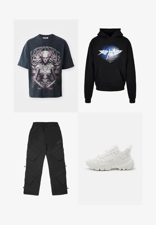 Sudadera negra hecha de una mezcla de algodón, con un gran estampado gráfico que tiene un fondo azul y texto blanco. Incluye un bolsillo frontal y puños de canalé.; Camiseta gráfica negra de algodón, con un gran diseño en rosa y blanco de una figura humanoide con detalles intrincados y el texto "VERTERE."; Pantalones cargo negros hechos de un material ligero y texturizado. Cuentan con una cintura elástica, múltiples bolsillos grandes y puños ajustables.; Zapatillas deportivas blancas con un upper texturizado, paneles de malla, suela de goma prominente y recortes decorativos en los laterales.