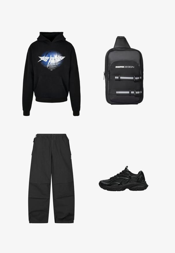 Sweat à capuche noir en mélange de coton, avec un grand motif graphique sur fond bleu et texte blanc. Comprend une poche avant et des poignets côtelés.; Pantalons en coton noir avec une taille élastique, deux poches latérales et une coupe décontractée. Présente des coutures et un design minimaliste.; Baskets de sport noires avec dessus en mesh et synthétique, semelle épaisse et rembourrée, fermeture à lacets, vues de côté sur fond blanc.; Sac bandoulière rectangulaire noir avec logo blanc "Momo Design", poche zippée à l'avant et deux sangles réglables noires et grises à rayures avec boucles.