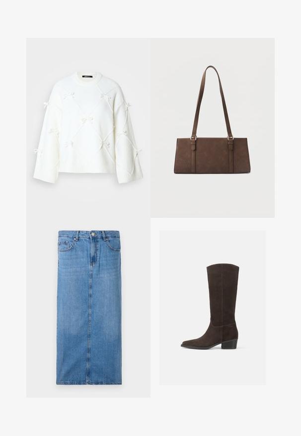 Witte gebreide trui met een ruitpatroon en kleine strikjes. Het heeft een ronde halslijn en brede mouwen, gemaakt van zachte, textuurstof.; Denim midi rok in lichtblauw, met een rechte silhouet, zijnaad, en standaard taille met vijf riemlussen en een metalen knoopsluiting.; Donkerbruine suède kniehoog laars met een vierkante neus, een gladde textuur en een korte gestapelde hak, met een minimalistisch ontwerp en strakke lijnen.; Bruine rechthoekige schoudertas met lange riemen en minimale stikdetails op een effen achtergrond.