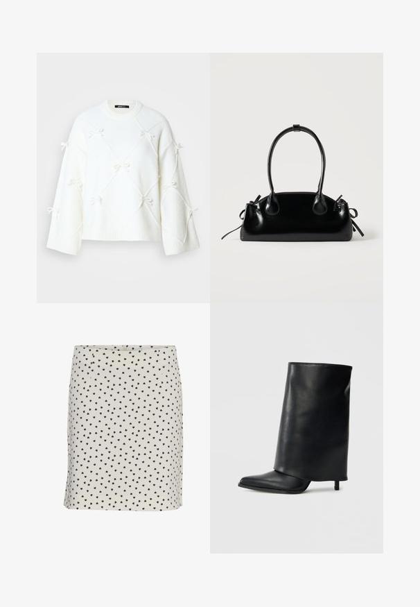 Hvid strikket sweater med diamantmønster og små sløjfer. Den har en rund halsudskæring og brede ærmer, lavet af blødt, tekstureret stof.; Knælængde nederdel i cremefarvet stof med sorte hjerte mønstre. Har et tætsiddende design og lynlås bagpå. Glat tekstur overalt.; Sort læderankelstøvle med et struktureret, ombukket design, spids tå og en tynd hæl. Glat tekstur med minimalt detaljer.; Lille sort blank håndtaske med to lange håndtag og snøre-detaljer i siden på en ensfarvet lys baggrund.