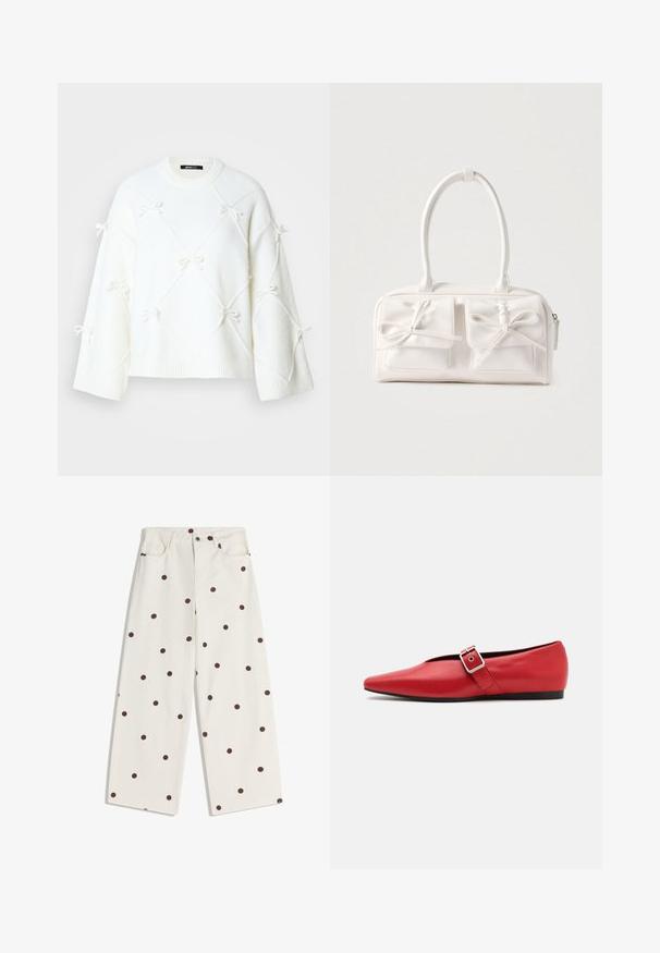 Pull en tricot blanc avec un motif en diamant et de petits nœuds. Il a une encolure ronde et des manches larges, fabriqué en tissu doux et texturé.; Pantalon blanc à jambes larges avec des pois marron, poches avant, passants de ceinture et une fermeture à double bouton à la taille.; Ballerine en cuir rouge avec une pointe pointue, comportant une lanière sur le côté avec une boucle en métal et un petit talon noir. Texture lisse sur l'ensemble.; Sac à main synthétique blanc avec deux poches avant, chacune ornée d'un nœud noué. Texture lisse, anses arrondies et fermeture zippée.