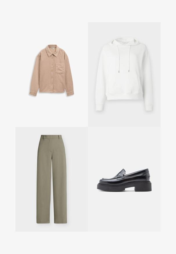 Valge kapuutsiga dressipluus, mis on valmistatud pehmest kangast. Omab esipoolset kotti, nööre metalltipudega ja diskreetset logo tikandit.; Beige corduroy särgijope, millel on krae, viie nupuga suletus ja üks rinna tasku. Pehme tekstuur ja vertikaalne ribastus.; Khaki värvi laia säärega püksid vööaasade, esipoolse lukuga ja lameda vöökohaga, valgel taustal.; Mustad mustad nahast loafers ümarate varvastega, mis on varustatud kõrge platvormi tallaga ja lihtsa dekoratiivse rihmaga jala kohal. Siledat viimistlust.