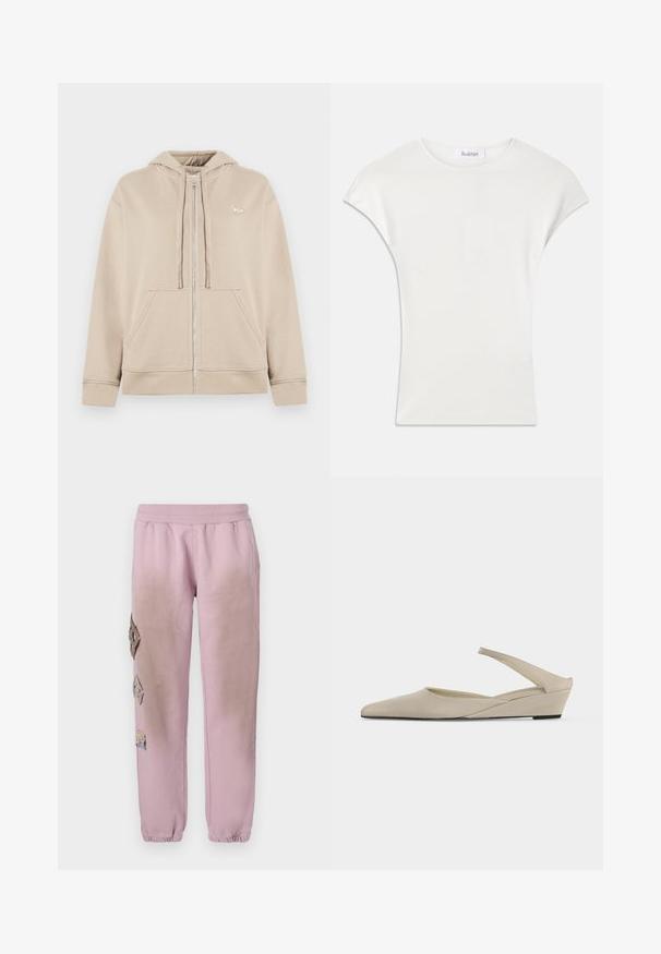 Sudadera con cremallera en color beige, hecha de una tela suave, que presenta un bolsillo tipo canguro, capucha con cordón y un pequeño logo en el pecho.; Camisa blanca de manga corta hecha de una suave tela de canalé. Cuello redondo; corte holgado con ligeras mangas tipo capucha. Etiqueta de la marca visible en el cuello.; Pantalones de chándal rosas con cintura elástica, que presentan parches decorativos en forma de diamante en el lado izquierdo y puños elásticos en los tobillos.; Zapato slingback beige con tacón cuña bajo, puntera puntiaguda y acabado mate suave, mostrado de perfil sobre fondo blanco.