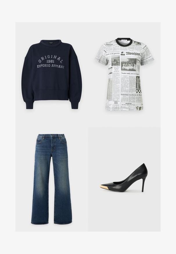 Laivastonsininen collegepaita resoreilla hihoissa ja helmassa, jossa rinnassa valkoisella kirjailtu teksti "ORIGINAL 1981 EMPORIO ARMANI".; Moschino lyhythihainen t-paita mustalla kauluksella, jossa mustavalkoinen sanomalehtiprintti, tekstilohkoja ja kuvia hanhista ja lapsesta.; Siniset leveälahkeiset farkut, joissa on etutaskut ja haalistuneita kohtia reisissä ja polvissa vaalealla taustalla.; Musta nahkainen korkea korkokenkä kapealla kärjellä; siinä on metallinhohtoinen kultainen yksityiskohta varpaankärjessä. Suora pinta ja tyylikäs muotoilu.