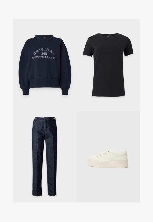 Donkerblauwe sweatshirt met geribbelde manchetten en zoom, met wit geborduurde tekst "ORIGINAL 1981 EMPORIO ARMANI" op de borst.; Effen zwart T-shirt met korte mouwen en ronde hals, afgebeeld op een witte achtergrond, vooraanzicht met een eenvoudig, onbewerkt ontwerp.; Een paar donkerblauwe spijkerbroeken met een vouw aan de voorkant van elk been en metalen kettinkjes aan de zijkanten van de tailleband.; Witte sneakers met een gestructureerde bovenkant, platte zool, ronde neus en een klein trekloopje aan de hiel. Voorzien van metalen veterogen.