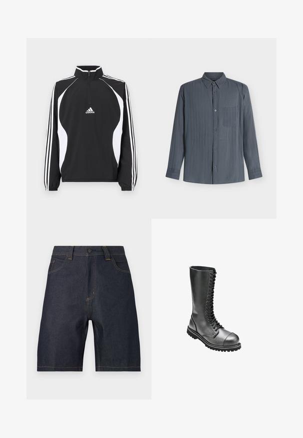 Schwarze Reißverschlussjacke mit weißen Akzenten, mit hohem Kragen, langen Ärmeln und drei weißen Streifen auf jedem Ärmel. Die Materialien sind glatt.; Dunkelgraues Hemd mit langen Ärmeln und Knöpfen, mit subtilen vertikalen Streifen und einer einzelnen Brusttasche, dargestellt auf einem schlichten weißen Hintergrund.; Dunkelblaue Jeansshorts mit Fronttaschen, Gürtelschlaufen, Knopfverschluss und sichtbaren kontrastierenden Nähten.; Schwarze Leder-Schnürkampfstiefel mit hohem Schaft, runder Zehenpartie, gepolstertem Kragen und strukturiertem Gummisohle für besseren Halt.