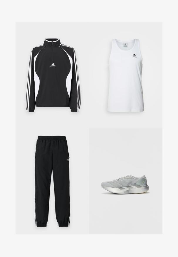 Chaqueta negra con cremallera y detalles blancos, que presenta un cuello alto, mangas largas y tres franjas blancas en cada manga. Los materiales son lisos.; Top sin mangas blanco con canalé y escote redondo, logo negro de Adidas en el lado izquierdo del pecho. Material de algodón suave, corte casual.; Pantalones deportivos negros con cintura elástica y puños fruncidos. Presentan franjas blancas a los lados y un pequeño logo en la parte frontal izquierda.; Zapatilla deportiva ligera en color gris con un diseño elegante, que presenta una parte superior texturizada, tres rayas diagonales y una suela reflectante en color plateado.