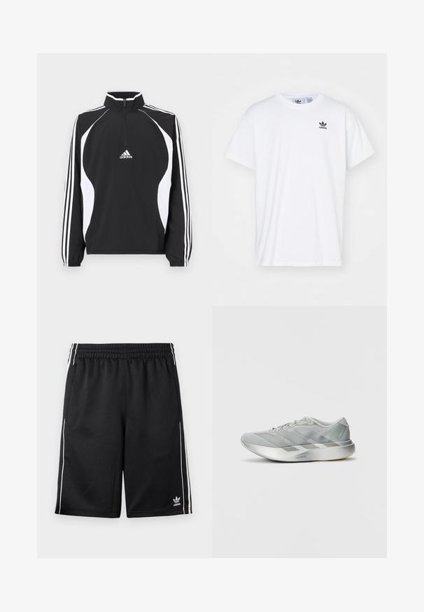 Chaqueta negra con cremallera y detalles blancos, que presenta un cuello alto, mangas largas y tres franjas blancas en cada manga. Los materiales son lisos.; Camiseta blanca de algodón con mangas cortas, escote redondo y un logo negro de Adidas con tres franjas en la zona del lado izquierdo del pecho.; Pantalones cortos deportivos negros de Adidas con franjas laterales blancas, cinturilla elástica, bolsillos laterales y logotipo de Adidas en la parte inferior de la pierna izquierda.; Zapatilla deportiva ligera en color gris con un diseño elegante, que presenta una parte superior texturizada, tres rayas diagonales y una suela reflectante en color plateado.