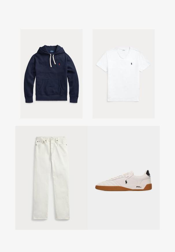 Marineblaue Kapuzen-Sweatshirt mit weißen Kordeln, Kängurutasche vorne und kleinem rotem Polo Ralph Lauren-Logo auf der linken Brust.; Weißes V-Ausschnitt-T-Shirt mit kurzen Ärmeln und kleinem dunkelblauem Polo Ralph Lauren Logo auf der linken Brust, flach auf hellem Hintergrund präsentiert.; Weiße Denim-Jeans mit geradem Schnitt, ausgestattet mit fünf Taschen, Metallknöpfen und Ziernähten entlang der Nähte. Glatte Textur.; Weißer Sneaker mit niedrigem Schaft, brauner Gummisohle, schwarzem Polo Ralph Lauren-Logo an der Seite und "RL"-Schriftzug im Fersenbereich.