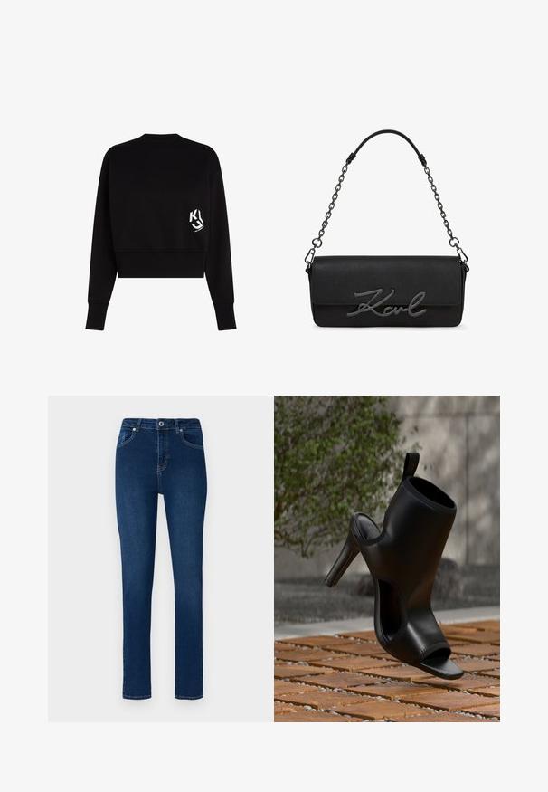Čierny skrátený sveter vyrobený z mäkkého materiálu, s okrúhlym výstrihom a dlhými rukávmi. Na ľavej strane hrude sa nachádza biele logo.; Tmavomodré denim jeans so štíhlym strihom. Medzi vlastnosti patrí pás na gombíkový zapínanie, päť vreciek a minimálne švy.; Čierny dámsky mule topánka na vysokom podpätku s otvorenou špičkou a vyrezanými stranami, zobrazený vonku na drevených latkách s rozmazaným zeleným lístím v pozadí.; Čierna obdĺžniková kabelka s reťazovým remienkom a veľkým čiernym kovovým logom "Karl" na prednom prepínacom dne.