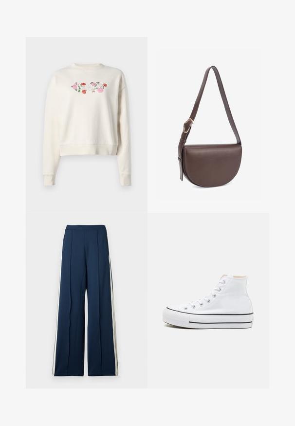 Lyscreme sweatshirt med ribbet rund halsudskæring og broderet blomsterdesign i pink og rød. Har lange ærmer og ribbede manchetter.; Bredde ben bukser i mørk marinestof med sidelister i creme. Har en høj talje og plisserede detaljer for ekstra struktur.; Hvide høj-top sneakers lavet af kanvasmateriale, sort gummisål og kontrasterende sort stribe på mellemsålen. Rund tåhætte og snørebåndsdesign.; Brun skuldertaske i læder med en buet form, justerbar rem og detaljer i guldmetal. Glat tekstur og minimalistisk design.