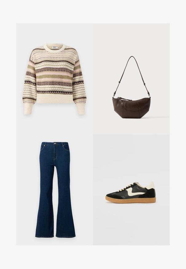 Cremefarbener Pullover mit Rundhalsausschnitt, der mehrfarbige geometrische Muster in Pink, Grün und Braun aufweist. Mit gerippten Bündchen und Saum.; Dunkelblaue, ausgestellte Jeans aus Denim. Merkmale sind ein vorderer Knopfverschluss, ein Fünf-Taschen-Design und genähte Akzente an den Taschen.; Schwarze Wildleder- und Leder-Sneaker mit einem cremefarbenen Seiten-Swoosh und einer hellcremefarbenen Ferse. Ausgestattet mit beige Schnürsenkeln und einer Gummilaufsohle.; Braune Leder-Schultertasche mit gewölbtem Boden und verstellbarem Riemen vor einfarbig hellem Hintergrund.