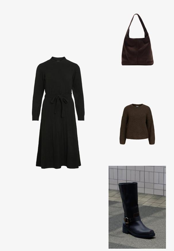 Brauner, gestrickter Pullover mit langen Ärmeln, Rundhalsausschnitt und lockerer Passform. Hat eine weiche Textur sowie gerippte Bündchen und Saum.; Schwarzes Strickkleid mit hohem Halsausschnitt, langen Ärmeln und einem Bindegürtel in der Taille, das einen ausgestellt Rock und eine gerippte Textur aufweist.; Schwarzer Lederstiefel bis zur Mitte der Wade mit niedrigem Absatz und dekorativem Riemen mit Metallschnalle, stehend auf einer grau gepflasterten Oberfläche nahe einer gefliesten Wand.; Braune Wildleder-Schultertasche mit breitem, flachem Griff. Weiches, unstruktiertes Design mit einer zentralen Naht. Keine sichtbaren Beschläge oder Verzierungen.