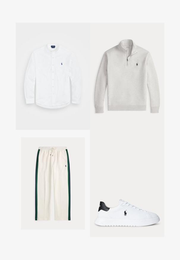 Helehall hall quarter-zip dressipluus pikkade varrukatega ja vasakul rinnal väikese musta Polo Ralph Laureni logoga.; Valge pikaaelne särk bändi kaelusega, nuppe ees ja sinise logoga vasakul küljel. Valmistatud siledast puuvillakangast.; Valged tõmblukuga dressipüksid, millel on tumesinised ja rohelised küljeribad ning väike tumesinine polo mängija logo paremal reiel.; Valged madala säärega tossud musta kandatabu ja musta Polo Ralph Lauren logoga küljel, valgete paelte ja paksu valge tallaga.
