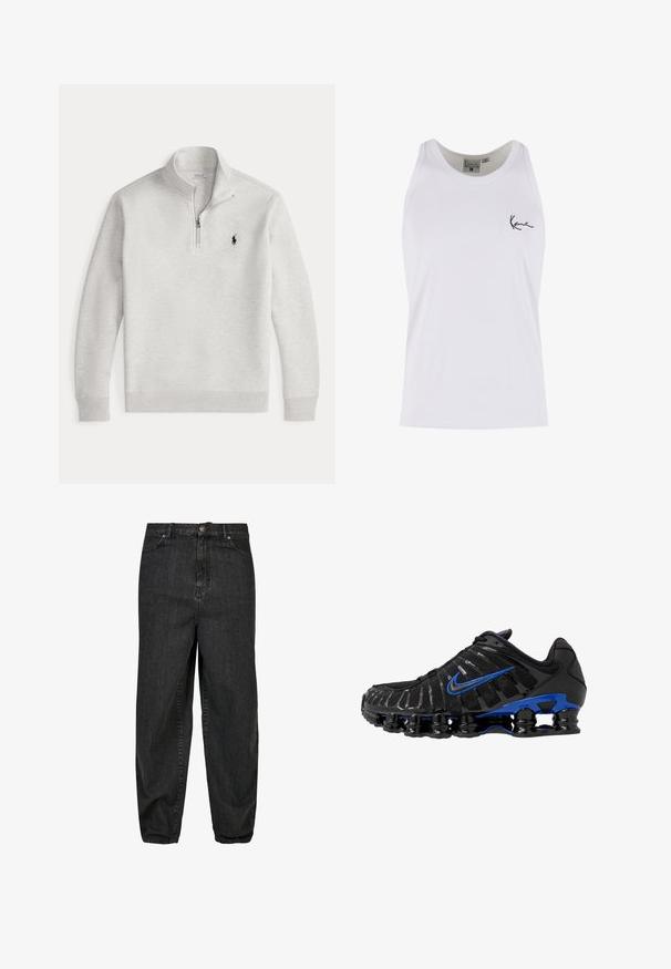 Helehall hall quarter-zip dressipluus pikkade varrukatega ja vasakul rinnal väikese musta Polo Ralph Laureni logoga.; Valge puuvillane topp, millel on sooniline tekstuur; vasakul rinnal must brodeeritud logo. Klassikaline varrukateta disain.; Mustad denim püksid relaxed fit lõikega, eesnupu sulgemisega, viie taskuga ja kangale on lisatud peene närbumise detailid.; Mustmust mustreketega on võrgust pealmine osa ja läikivad aktsendid. Omab sinist sisselõiget, pehmet kaelust ning silmapaistvat musta kummist tallat, kus on nähtav pehmendus.