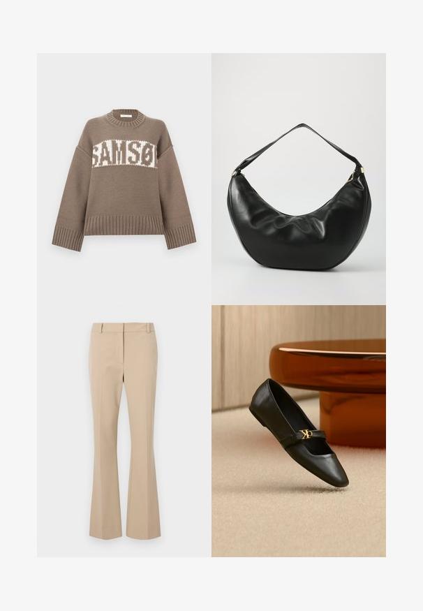 Brun strikket sweater med rund halsudskæring, faldende skuldre og ribstrikkede ærmekanter. Har hvidstribet "SAMSON" tekst tværs over fronten.; Beige skræddersyede bukser med lige pasform, der har en glat front, bæltestropper og en jævn tekstur. Ingen synlige lommer eller mønstre.; Sort læder flad sko med spids tå og gyldent CK-logo på rem, placeret på beige tæppe nær et rundt ravbrunt bord.; Sort læder skuldertaske med en buet form, blød tekstur og en enkelt rem; har en guldbeslået lynlås og diskret branding.