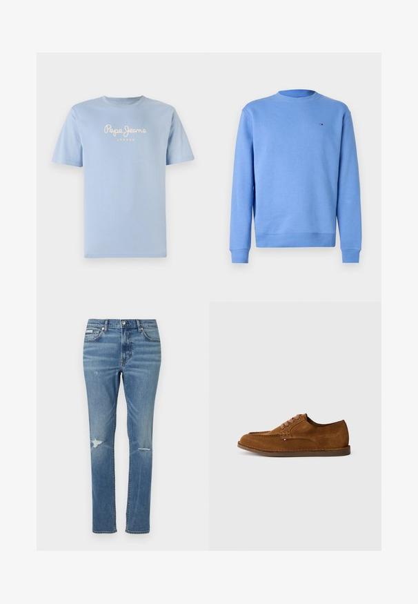 Heled sinine ümar kaelusega sweatshirt, mis on valmistatud pehmest kangast, pikade varrukate, soonikkoes mansettide ja äärega, rinnal on väike logo.; Hele sinine puuvillane T-särk, millel on ümmargune kaelus ja lühikesed varrukad. Rinnale on kirjutatud valgete klinkritekstiga "Pepe Jeans London".; Heledadhed denim teksad, sirge lõikega, millel on kulumise detailid põlvedel ja klassikaline viie taskuga stiil.; Pruun seemisnahast king ümarate varvastega, dekoratiivse õmbluse ja kuue kontrastse pitsiavaauguga. Lamedapõhjaga ja minimalistliku disainiga.
