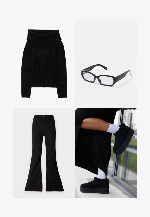 Sort strikket sweater med en bred, foldet halsudskæring, ribbet tekstur og lange ærmer med en cropped silhuet.; Sorte flared jeans lavet af denim, med høj talje, forlommer og en stor åbning ved kanten for en vid benlængde.; Sorte suede ankelstøvler med flad sål, med en bageste træksløjfe, båret med hvide ankelstrømper mod en minimalistisk baggrund.; Brune skildpadde-rektangulære briller med klare linser og slanke arme, der viser en glat tekstur og minimalistisk design.
