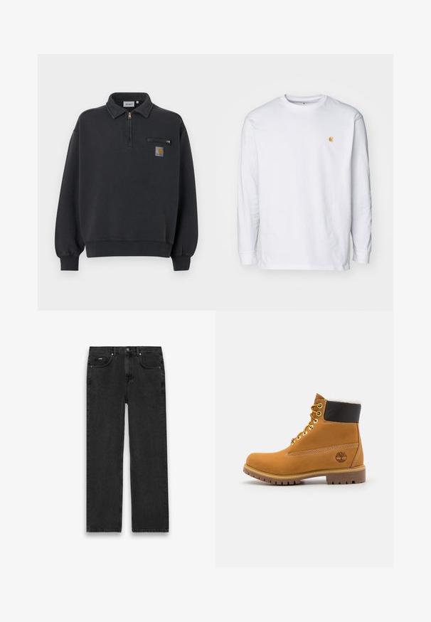 Čierna mikina so štvrťovým zipsom, golierom, rebrovanými manžetami a lemom, vreckom na zips na hrudi a nášivkou s logom Carhartt na prednej strane.; Biely tričko s dlhým rukávom z bavlny. Na hrudi má malé zlaté logo a okrúhly výstrih. Jednoduchý dizajn a štandardný strih.; Čierne riflové nohavice so širokým strihom, obsahujúce päť vreciek, zapínanie na gombík a svetlé vyblednutie. Textúrovaná látka a minimálne detaily šitia.; Hnedé kožené ankle boot s kovovými očkami, bielym kožúškom vo vnútri, čiernym vypolstrovaným golierom, robustnou podrážkou a vyrazeným logom na boku.