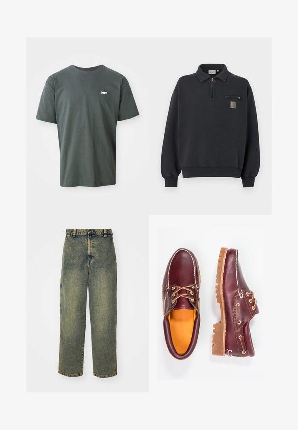 Sort kvart-lynlåstrøje med krave, ribstrikkede ærmespidser og kant, brystlomme med lynlås og Carhartt-logo på forsiden.; Mørkegrøn bomulds t-shirt med korte ærmer, rund hals, der har et lille hvidt "OBEY" logo på venstre brystområde.; Slidse denim jeans i en falmet blå og grøn vask. Har en knaplukning, bælteløkker og sidelommer. Flad front og lige ben-design.; Bordeaux lædersko med brune gummisåler, rund tå, hvid syning og gyldne snøringer. Indersiden har et gult for.