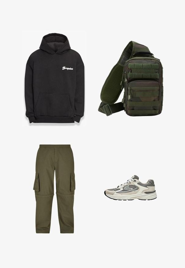 Schwarzer Kapuzenpullover aus weichem Material. Mit einer vorderen Tasche, gerippten Bündchen und dem weißen "Dropsize"-Logo auf der linken Brust.; Olivgrüne Cargo-Hosen aus leichtem Material, mit mehreren Seitentaschen, einem elastischen Bund und einem geraden Schnitt.; Hellgrauer und weißer Sportschuh mit Mesh- und Wildledereinsätzen, weißen Schnürsenkeln und einer dicken, gepolsterten Sohle, seitlich dargestellt.; Grüner Tarn-Sling-Rucksack mit mehreren Reißverschlusstaschen, einem verstellbaren Gurt und einem Netzrückenpaneel zur Belüftung.