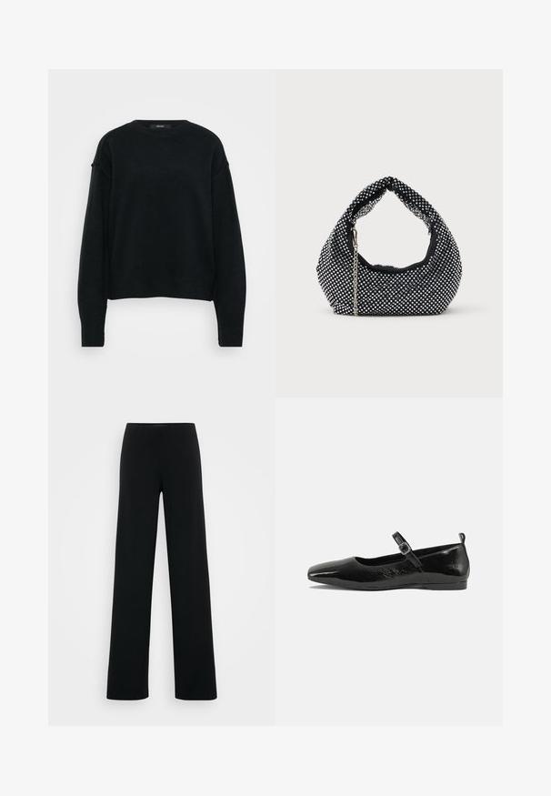 Sort strikket sweater med rund halsudskæring, dropped skuldre og lange ærmer. Har et struktureret stof og en kortet pasform.; Vero Moda Tall VMBERLIN ZAMIRA WIDE - Bukser - black; Sorte patentlæder flade sko med spidse tæer, en ankelrem med spænde og en glat, blank tekstur. Lav hæl for komfort.; Sort mesh håndtaske prydet med sølvnitter, udstyret med et buet håndtag og en kædetraspe. Blød tekstur med en rund form.