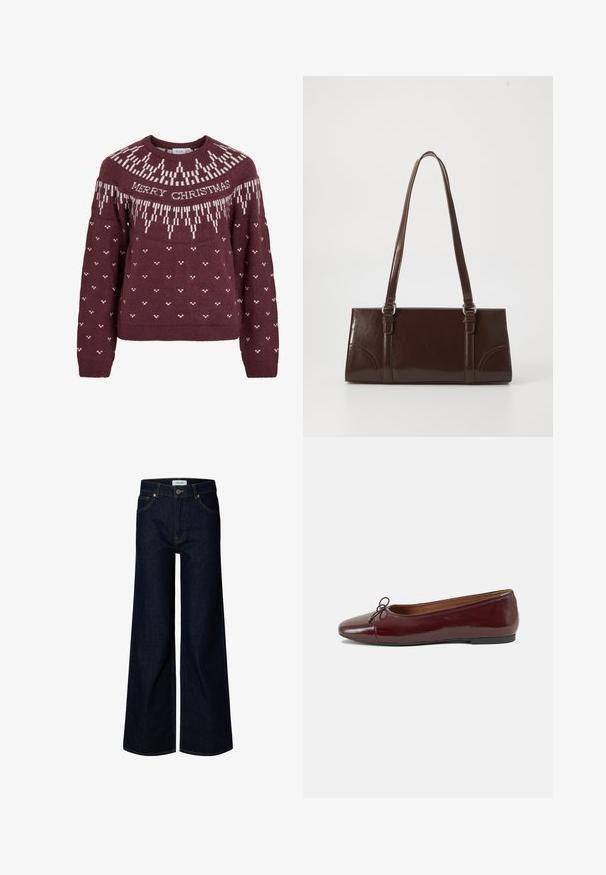 Bordeauxrød sweater med rund halsudskæring med hvid tekst "MERRY CHRISTMAS" og et strikket snefnugmønster på bærestykket og kroppen.; Mørkeblå bredbenede denimjeans med frontknap og lynlås, bæltestropper og frontlommer, vist på en hvid baggrund.; Bordeaux patentlæder balletflad med rund tå, lille sløjfeaccent foran og en lav, sort gummisål. Glat tekstur.; Brun lakeret håndtaske med rektangulær form, to lange håndtag og subtile buede detaljer på fronten.