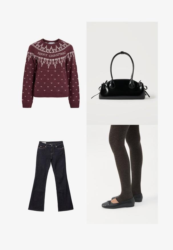 Bordeauxrød sweater med rund halsudskæring med hvid tekst "MERRY CHRISTMAS" og et strikket snefnugmønster på bærestykket og kroppen.; Mørkeblå denim bukser med flared ben, fem lommer, kobbernitter og kontrastsyet. Glat tekstur med en lige, afslappet pasform.; Ben iført mørke ribbede leggings kombineret med sorte balletsko med små sløjfedetaljer på hvid baggrund.; Lille sort blank håndtaske med to lange håndtag og snøre-detaljer i siden på en ensfarvet lys baggrund.