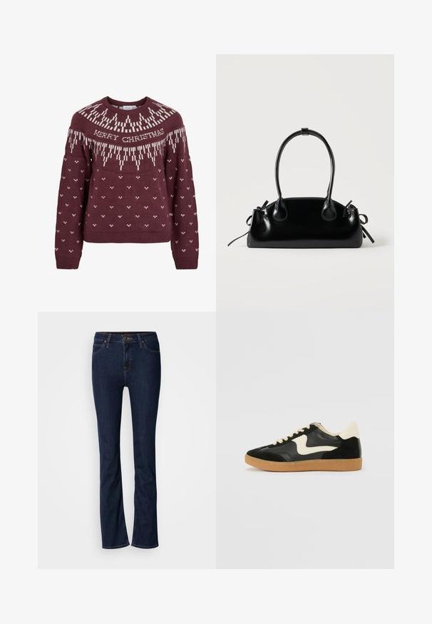 Bordeauxrød sweater med rund halsudskæring med hvid tekst "MERRY CHRISTMAS" og et strikket snefnugmønster på bærestykket og kroppen.; Mørkeblå denim jeans med lige ben-design, fem-lomme stil og lys syning. Linningen har en metal-knap lukning.; Sorte ruskinds- og lædersneakers med en cremefarvet side-swoosh og lys cremefarvet hæl. Har beige snørebånd og en gummirubber-sål.; Lille sort blank håndtaske med to lange håndtag og snøre-detaljer i siden på en ensfarvet lys baggrund.