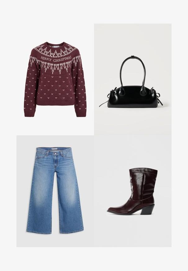 Bordeauxroter Pullover mit rundem Ausschnitt, mit weißem "MERRY CHRISTMAS"-Schriftzug und einem gestrickten Schneeflockenmuster am Einsatz und Körper.; Hellblaue weite Jeans aus Denim, mit hoher Taille, klassischem Fünf-Taschen-Design und sanften Ausbleichungen entlang der Beine.; Bordeauxfarbene Leder-Stiefeletten mit spitzem Schnitt, strukturierten Oberflächen und einem schmalen, niedrigen Absatz. Verfügen über dezente Nähte und einen engen Sitz.; Kleine schwarze glänzende Handtasche mit zwei langen Griffen und seitlichen Kordelzug-Details vor einfachem hellem Hintergrund.