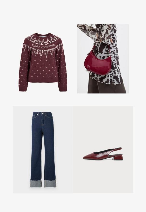 Bordeauxrød sweater med rund halsudskæring med hvid tekst "MERRY CHRISTMAS" og et strikket snefnugmønster på bærestykket og kroppen.; Mørkeblå denim flare jeans med høj talje, med rå kant og lettere denimopstykkede detaljer ved anklerne. Sølvknaplukning.; Vinrød lædersko med rembag, spids tå og lav blokhæl, vist i sideprofil på ensartet lyst baggrund.; Kvinde iført en sort- og hvidmønstret bluse, der holder en blank rød skuldertaske mod en ensfarvet baggrund.