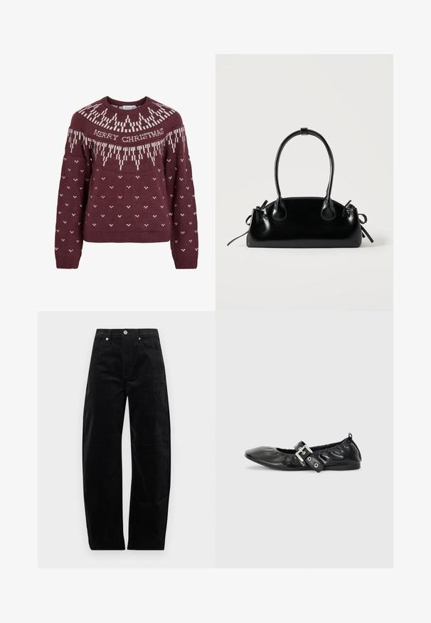 Pull bordeaux à encolure ronde avec le texte blanc "MERRY CHRISTMAS" et un motif de flocon de neige tricoté sur le yoke et le corps.; Pantalon droit en velours côtelé noir avec fermeture à bouton et zip à l'avant, poches avant et arrière, présenté sur un fond uni.; Chaussure plate en cuir noir avec un nez pointu, des détails froncés autour de l'ouverture et un accent en boucle argentée sur la bride ajustable.; Petit sac à main noir brillant avec deux longues anses et des détails à cordon sur les côtés sur un fond clair uni.