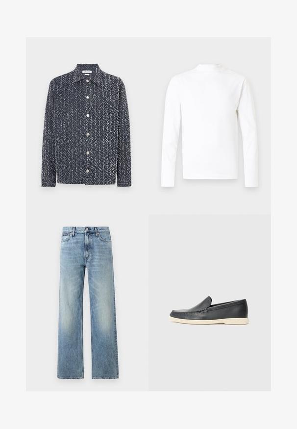 Chemise blanche à manches longues et col montant en tissu de coton lisse. Présente un design simple sans motifs ni accents visibles.; Chemise marine à boutons avec un tissu texturé et à motif comprenant des accents blancs. Col à revers, manches longues avec une coupe décontractée. Boutons argentés visibles.; Jean droit en denim bleu clair avec taille haute, cinq poches, fermeture à boutons et léger délavage sur les cuisses et les genoux.; Mocassin noir en cuir à enfiler avec semelle beige, positionné en suspension près d'un porte-revues en fil métallique sur un sol en terrazzo.