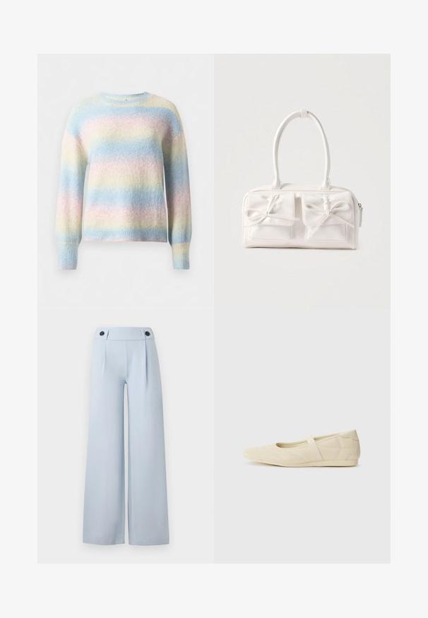 Pastel stribet sweater lavet af blød, struktureret stof. Har en rund hals og ribbede manchetter, der viser farverne blå, pink og gul.; Lysblå brede bukser med flad front, læg og to sorte knapper i taljen. Lavet af glat stof med en ren finish.; Lysebrune ballet flats med en glat læderoverflade, mandelformet tå og elastisk rem over vristen, med diskrete syninger.; Hvid syntetisk håndtaske med to forlommer, hver med en bundet sløjfedetalje. Glat tekstur, afrundede håndtag og lynlås lukning.