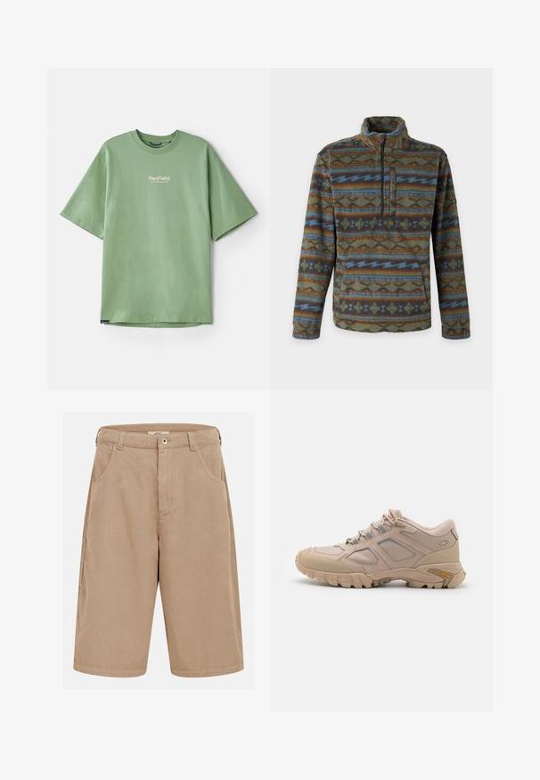 Pull polaire à manches longues avec col haut et fermeture éclair poitrine, présentant des rayures horizontales aux motifs verts, bleus, bruns et noirs.; T-shirt vert à manches courtes en coton, avec un col rond et un petit logo blanc sur la poitrine. Texture lisse, coupe décontractée.; Shorts beige en velours côtelé longueur genou avec passants de ceinture, poches avant et fermeture par bouton.; Baskets de sport beiges avec une tige en maille texturée, revêtement synthétique et semelle extérieure Vibram. Comprend un système de laçage et des détails sur les panneaux latéraux.