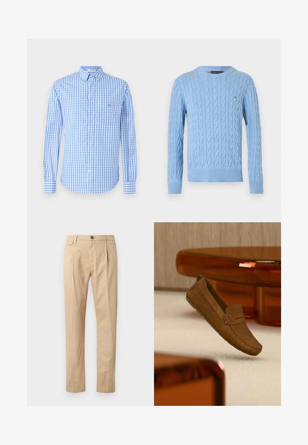 Suéter de punto azul claro con un patrón de trenzas, escote redondo y puños y dobladillo acanalados. Pequeño logo en el pecho.; Camisa de cuadros azul y blanca, de botones, con mangas largas, cuello y un bolsillo en el pecho. La tela parece suave y ligera.; Pantalones beige de algodón de pierna recta para hombre con bolsillos frontales, pasadores para cinturón, cierre de botón y cremallera, sobre un fondo blanco.; Zapato mocasín de ante marrón con detalles cosidos flotando sobre una alfombra beige, con muebles translúcidos naranjas en el fondo.